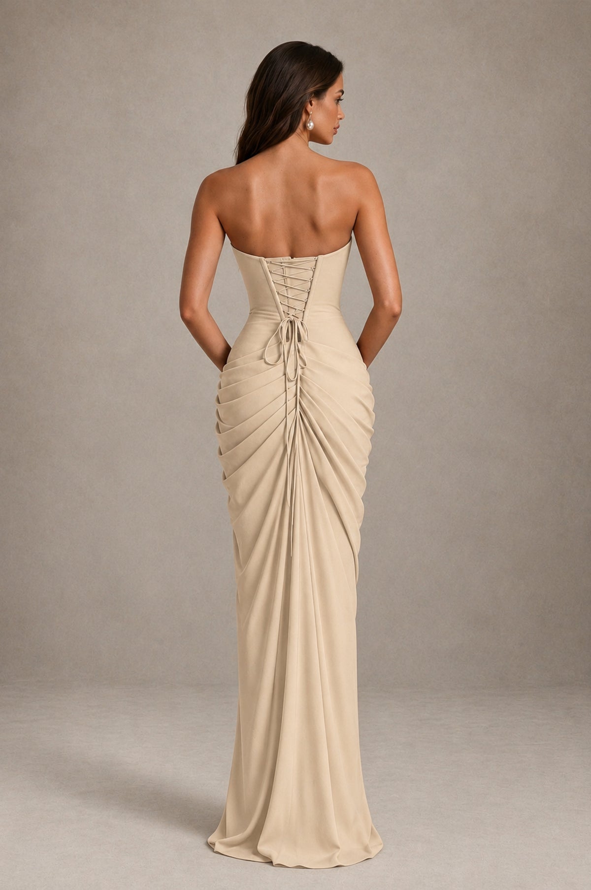 BOLODOO Strapless Draped Maxi Dress - Champagne Backless Evening Gown with High Slit - Champagne - Champagne_2