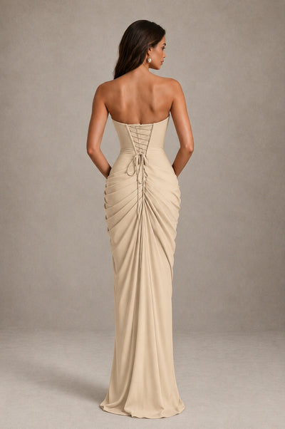 BOLODOO Strapless Draped Maxi Dress - Champagne Backless Evening Gown with High Slit - Champagne - Champagne_2