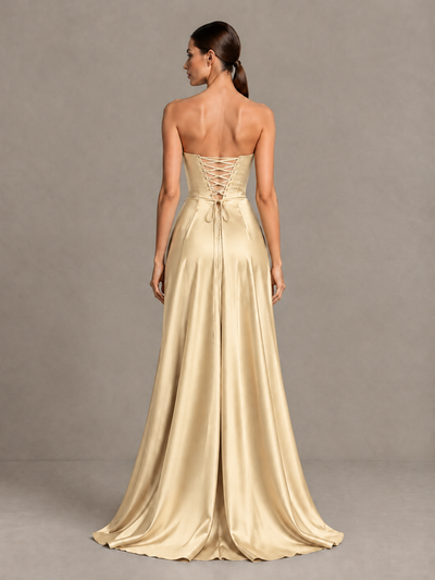 BOLODOO Champagne Strapless Satin High-Slit Lace-Up Prom Dress - Champagne - Champagne_2