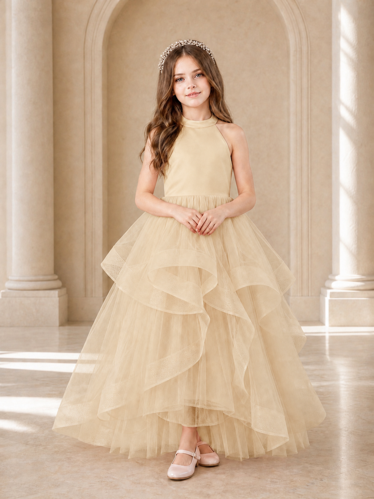 BOLODOO Champagne Halter Tiered Tulle Flower Girl Dress with Bow Back - Champagne - Champagne_2