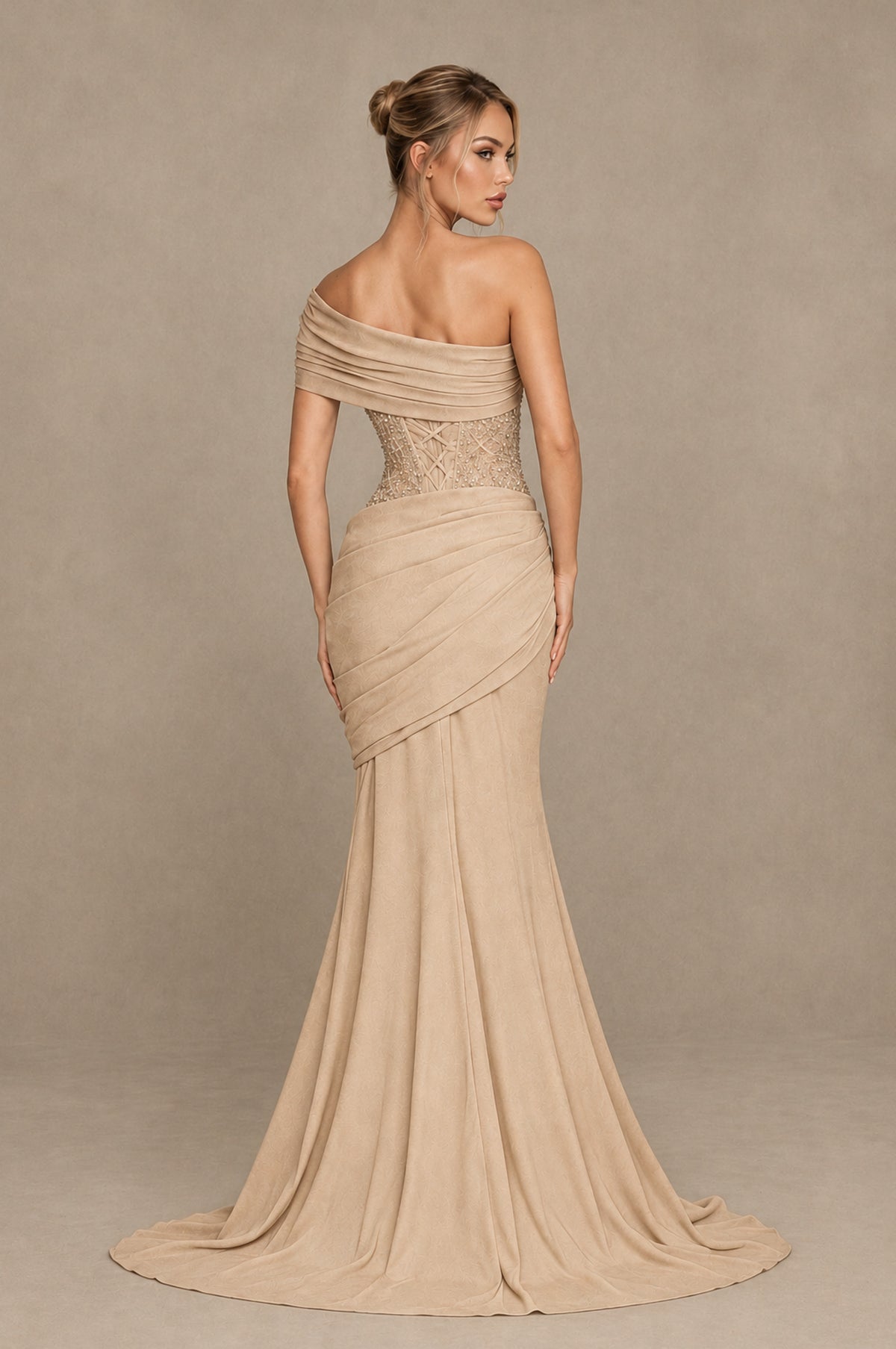 BOLODOO Champagne One-Shoulder Sequin Embroidered Ruched Mermaid Gown with Train - Champagne - Champagne_2