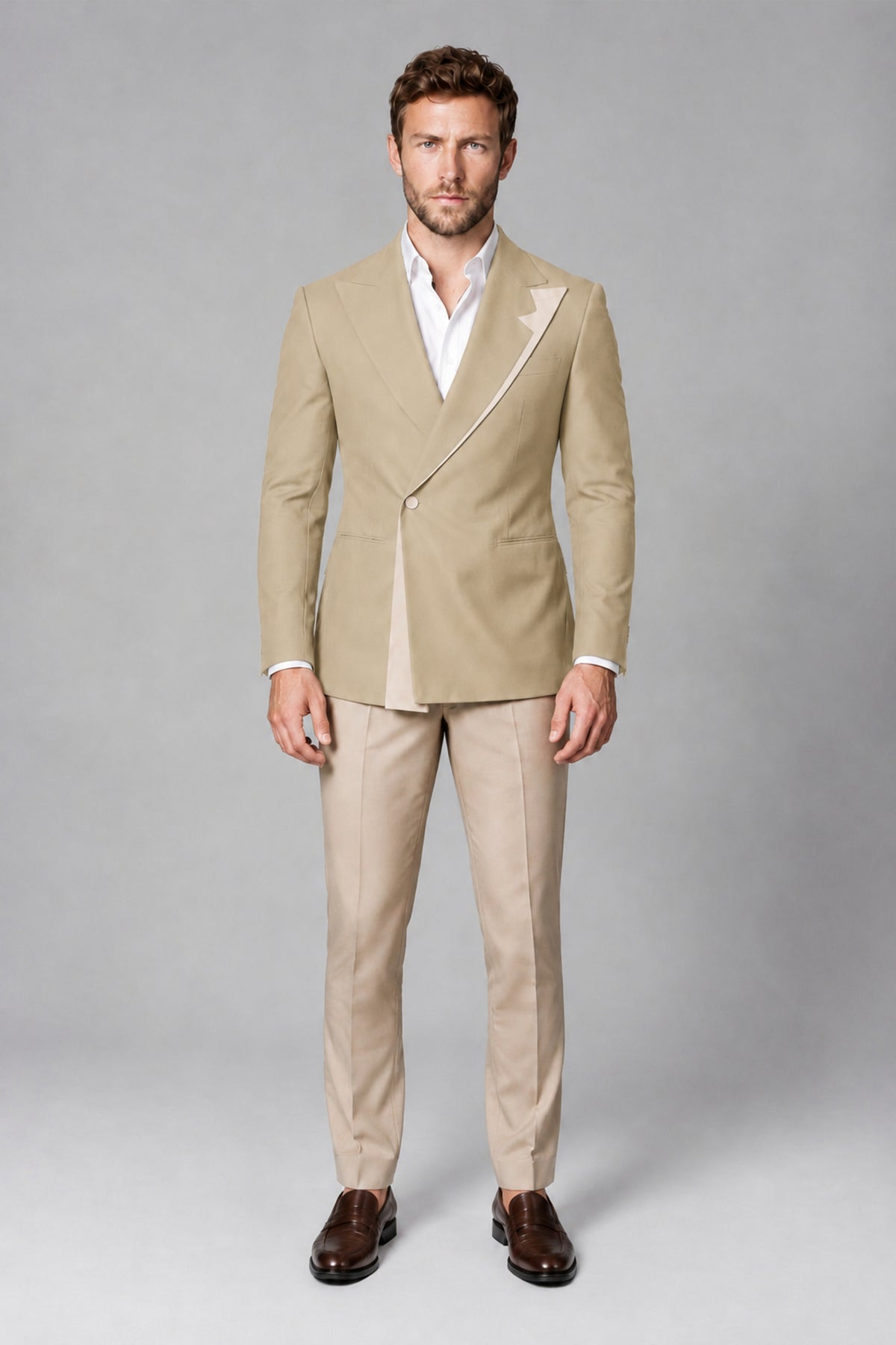 BOLODOO Men's Champagne Double-Breasted Blazer & Khaki Trousers Tuxedo 2-Piece Suit Set - Champagne - Champagne_2