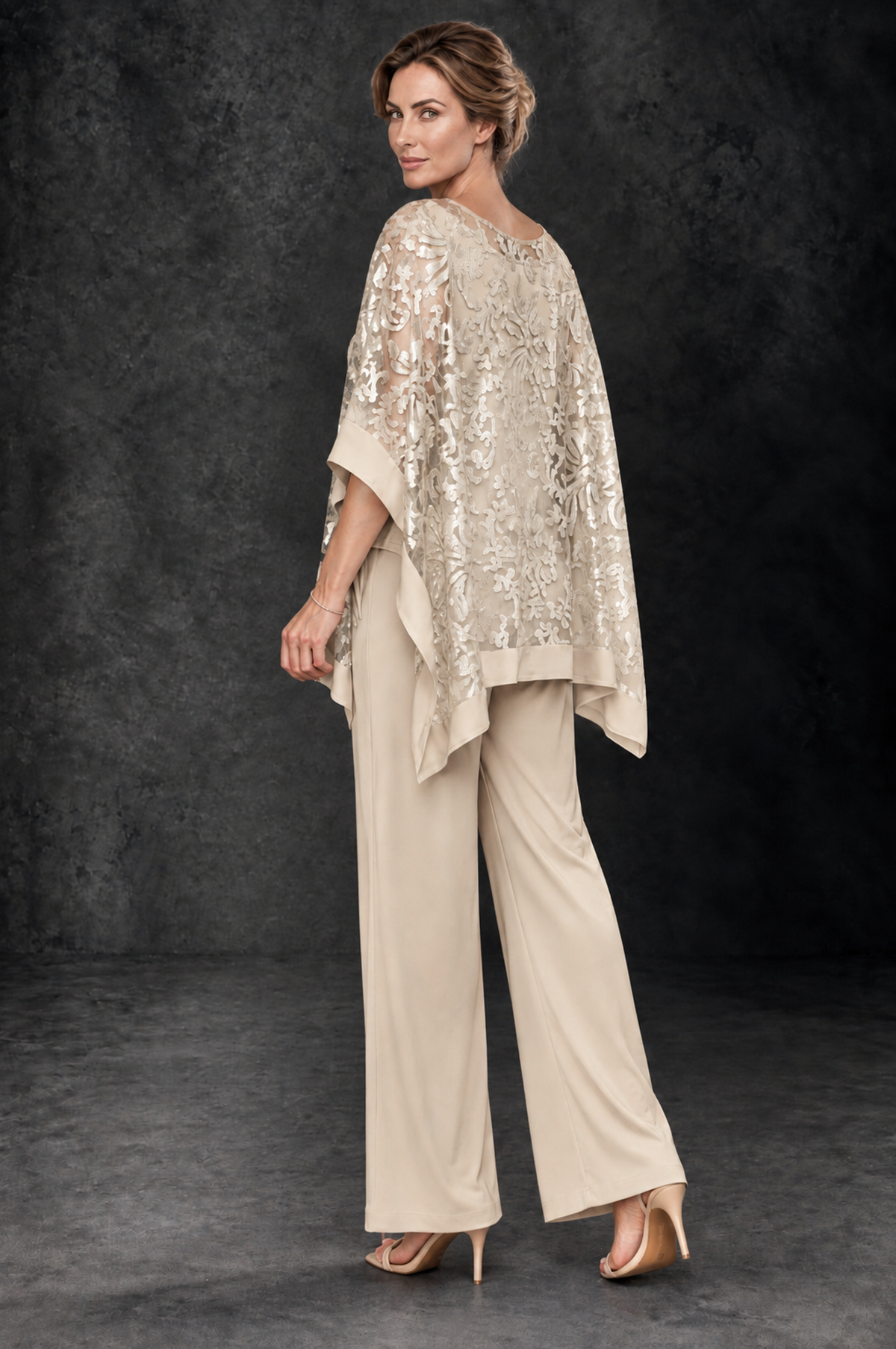 BOLODOO Champagne Floral Cape Mother of the Bride Pant Suit - Champagne - Champagne_2