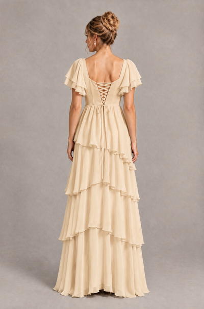 BOLODOO Champagne Square Neck Flutter Sleeve Tiered Chiffon Bridesmaid Dress with Lace-Up Back - Champagne - Champagne_2