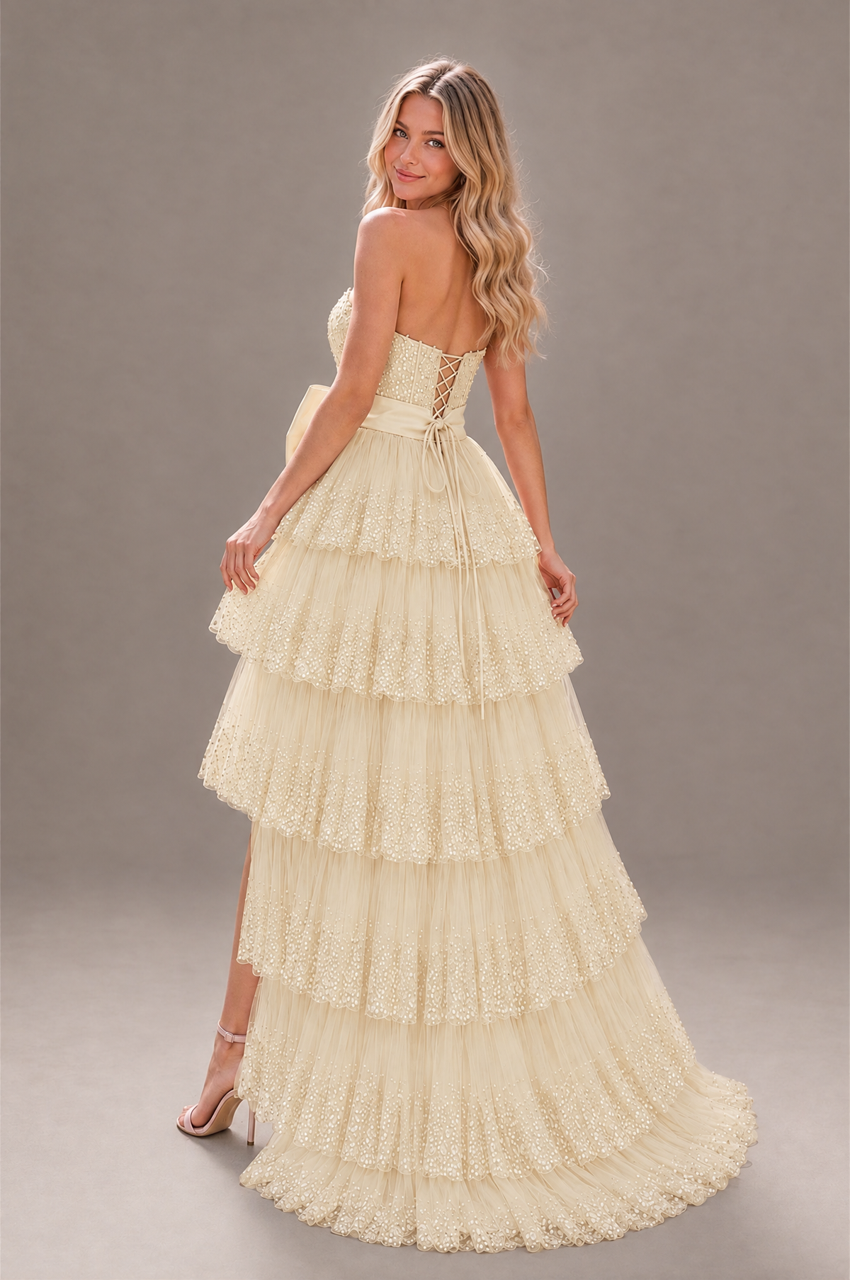 BOLODOO Champagne Strapless Tiered Tulle Prom Dress with Bow - Champagne - Champagne_2