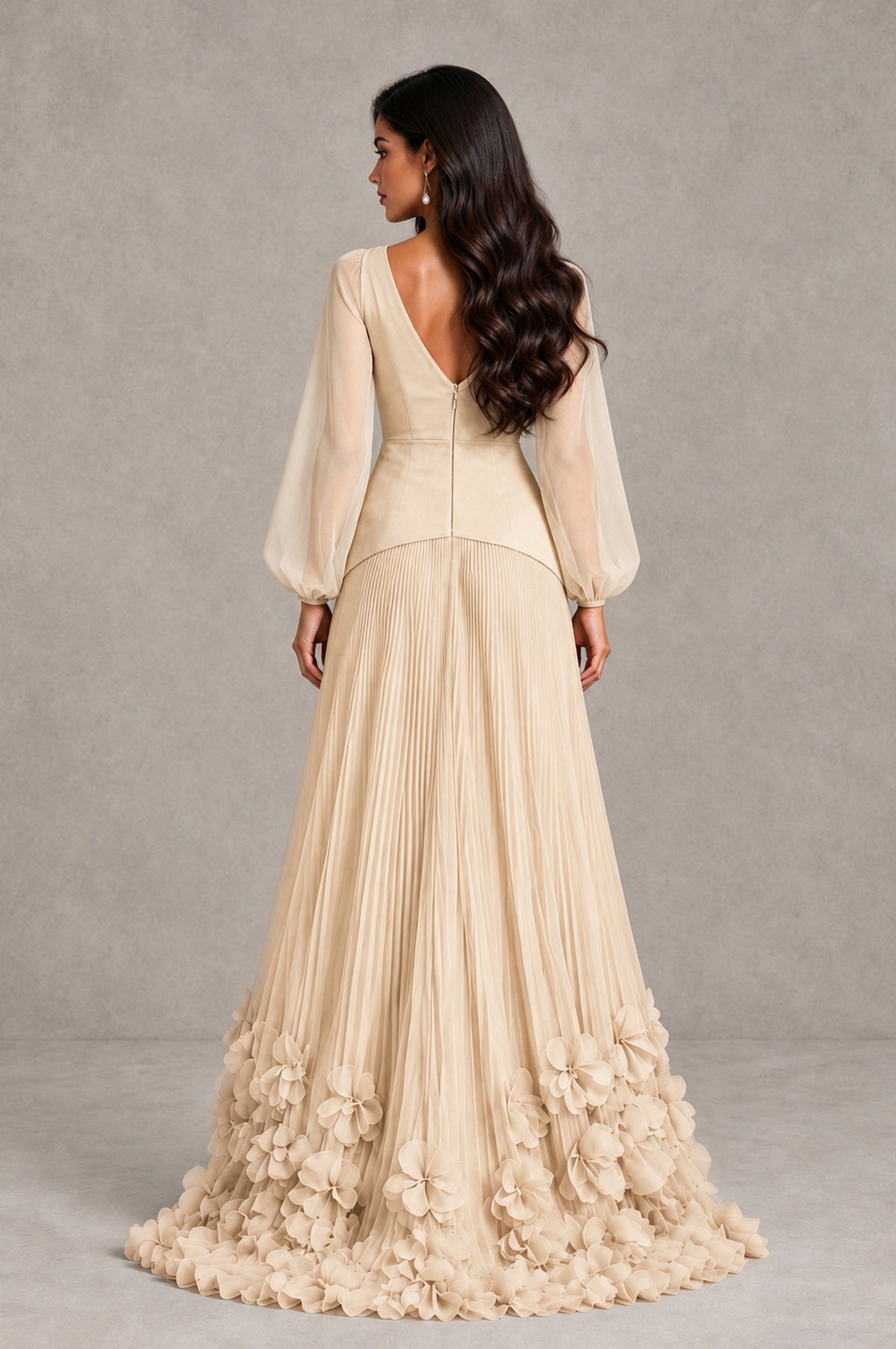 BOLODOO Champagne V-Neck Long Sleeve Pleated Floral Hem Evening Dress - Champagne - Champagne_2