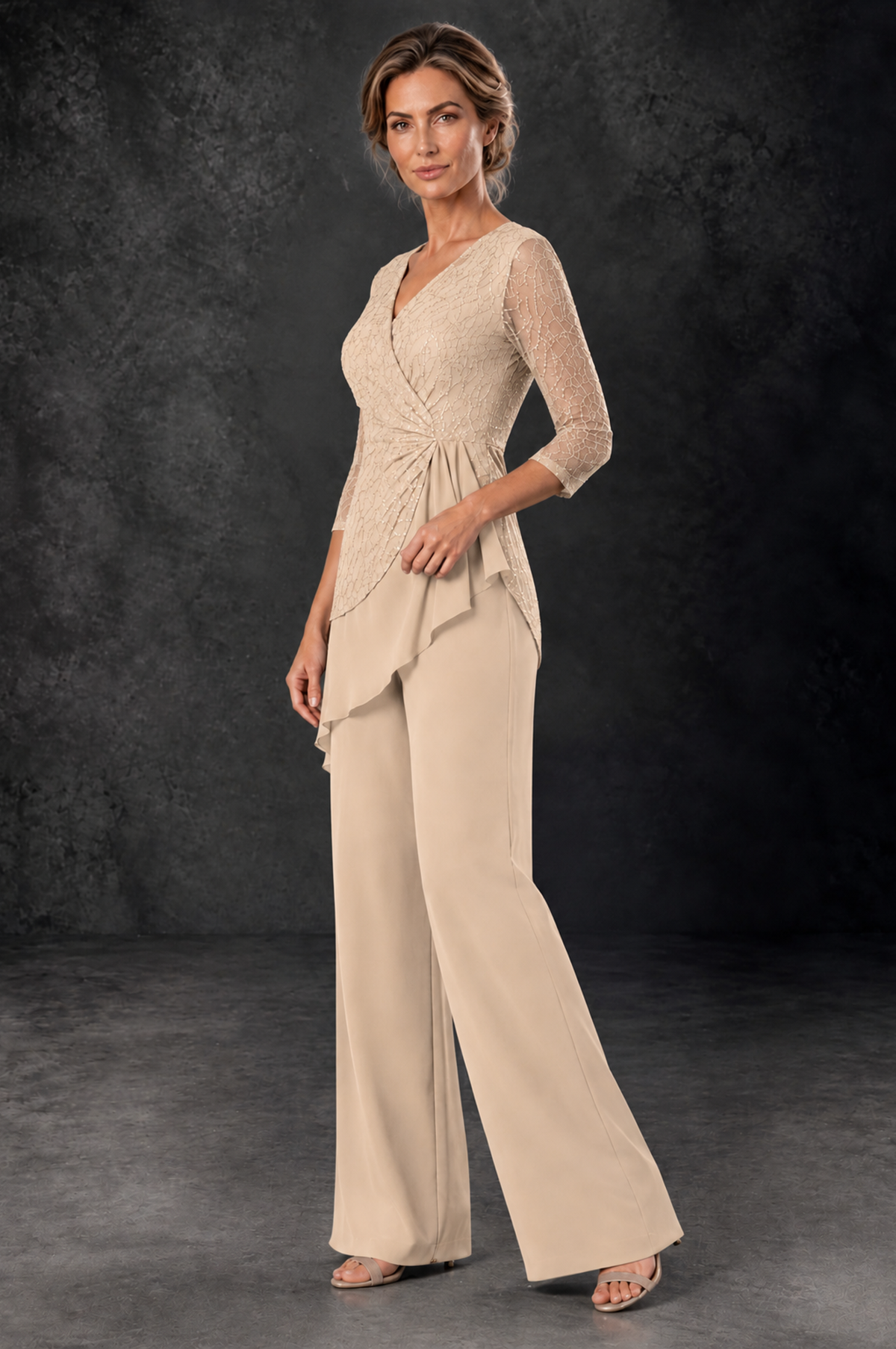 BOLODOO Champagne Sequin Lace 3/4 Sleeve Chiffon Mother of the Bride Pant Suit - Champagne - Champagne_2