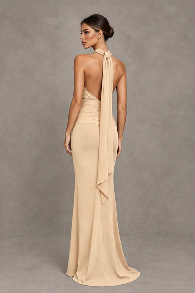 BOLODOO Champagne Chiffon Halter Maxi Formal Wedding Guest Dress - Champagne - Champagne_2