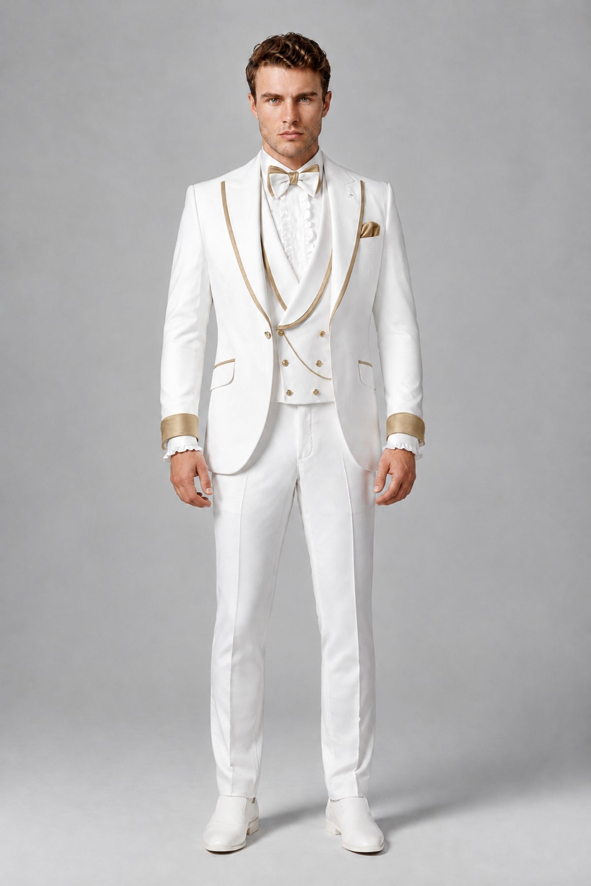 Bolodoo Men's White and Champagne Three-Piece Wedding Tuxedo Suit - Champagne - Champagne_2