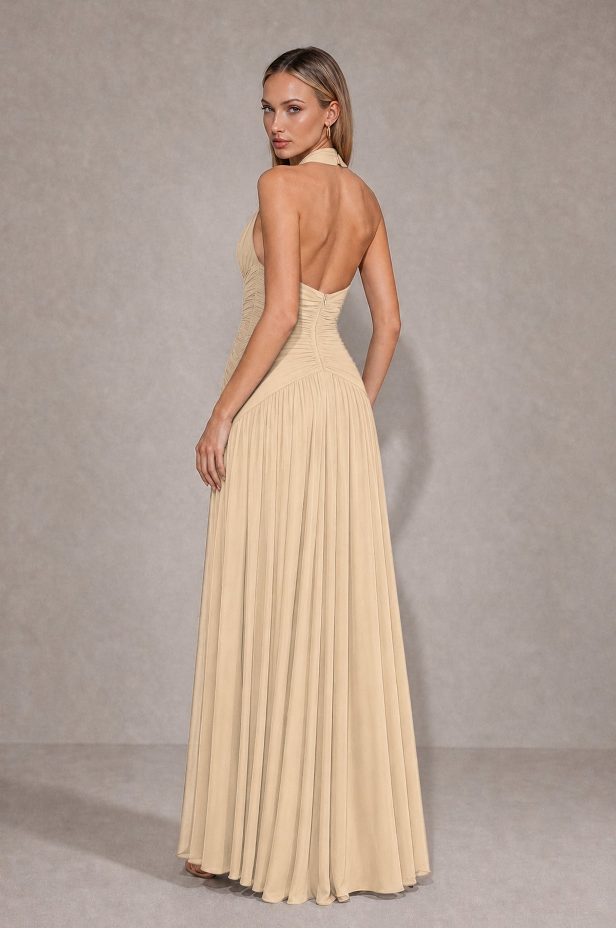 BOLODOO Champagne Chiffon Halter Deep V-Neck Ruched A-Line Backless Maxi Dress with Train-BD0167 - Champagne - Champagne_2