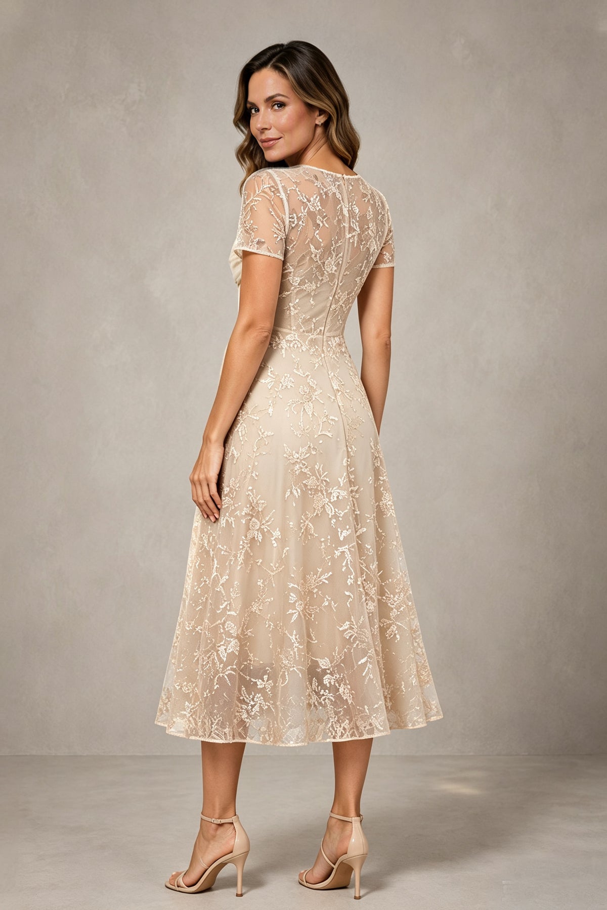 BOLODOO Champagne Textured Floral A-Line Dress with Short Sleeves - Champagne