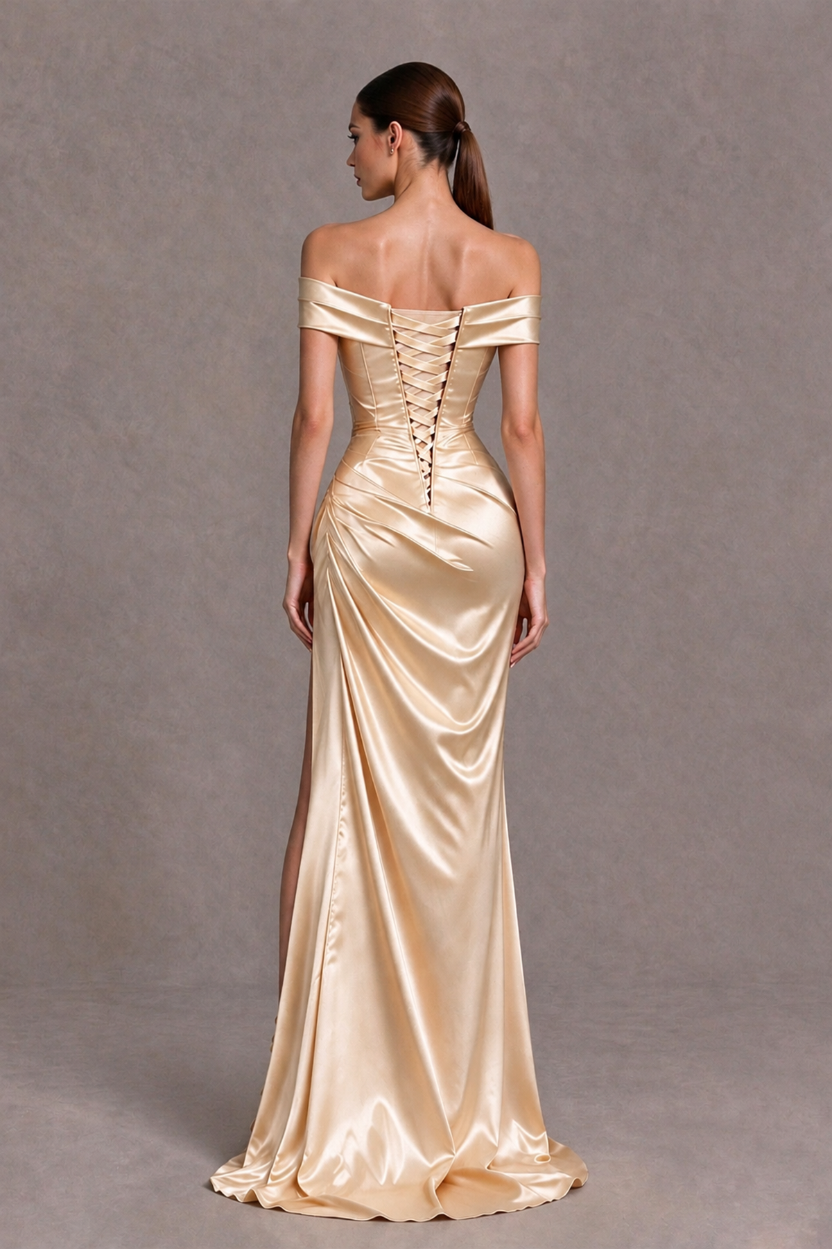 BOLODOO Champagne Off-the-Shoulder Ruched Satin Prom & Evening Dress with High Slit - Champagne - Champagne_2