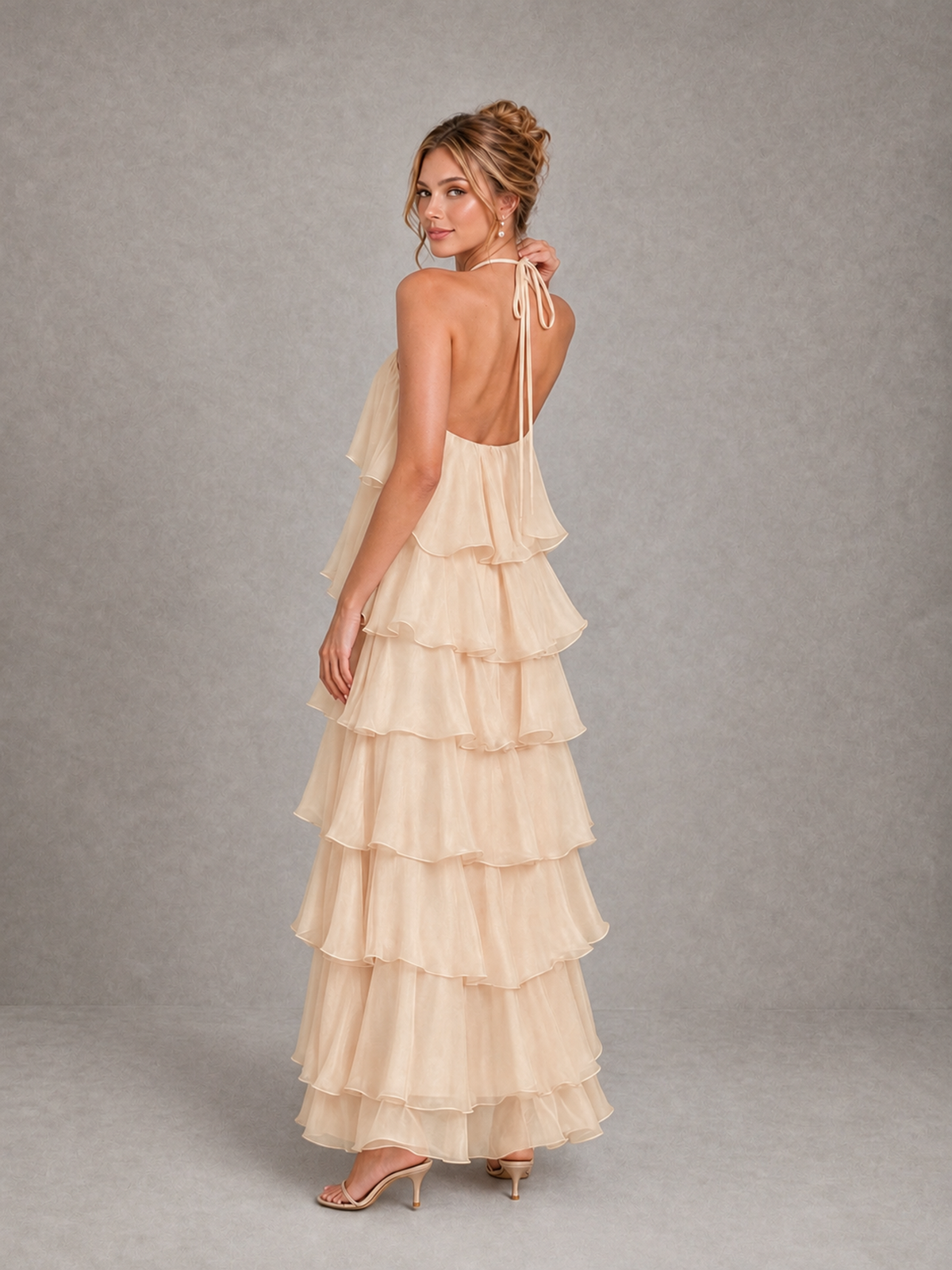 BOLODOO Champagne Halter Tiered Ruffle Maxi Bridesmaid Dress - Champagne - Champagne_2