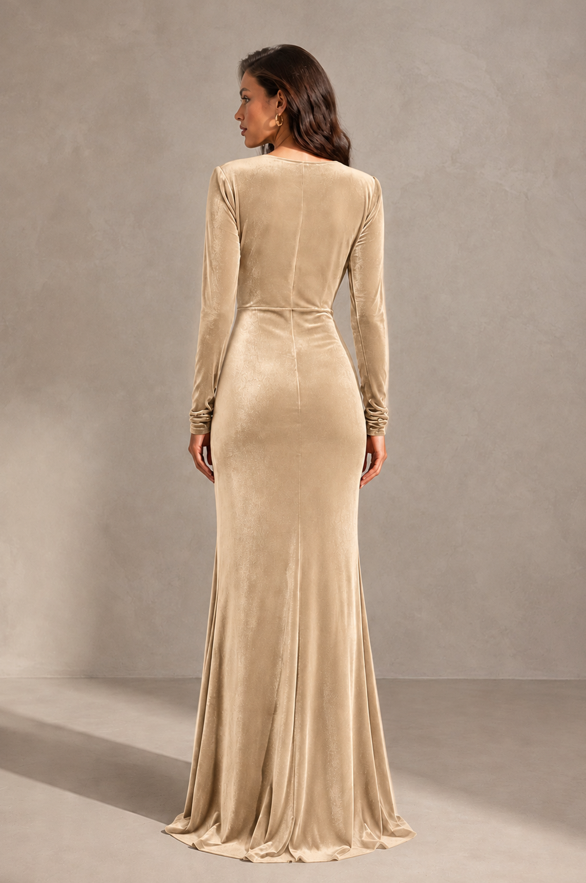 BOLODOO Champagne Velvet Long Sleeve V-Neck Ruched Evening Gown - Champagne