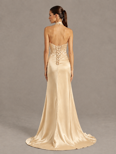 BOLODOO Champagne Halter Satin Evening & Prom Dress with High Slit - Champagne - Champagne_2