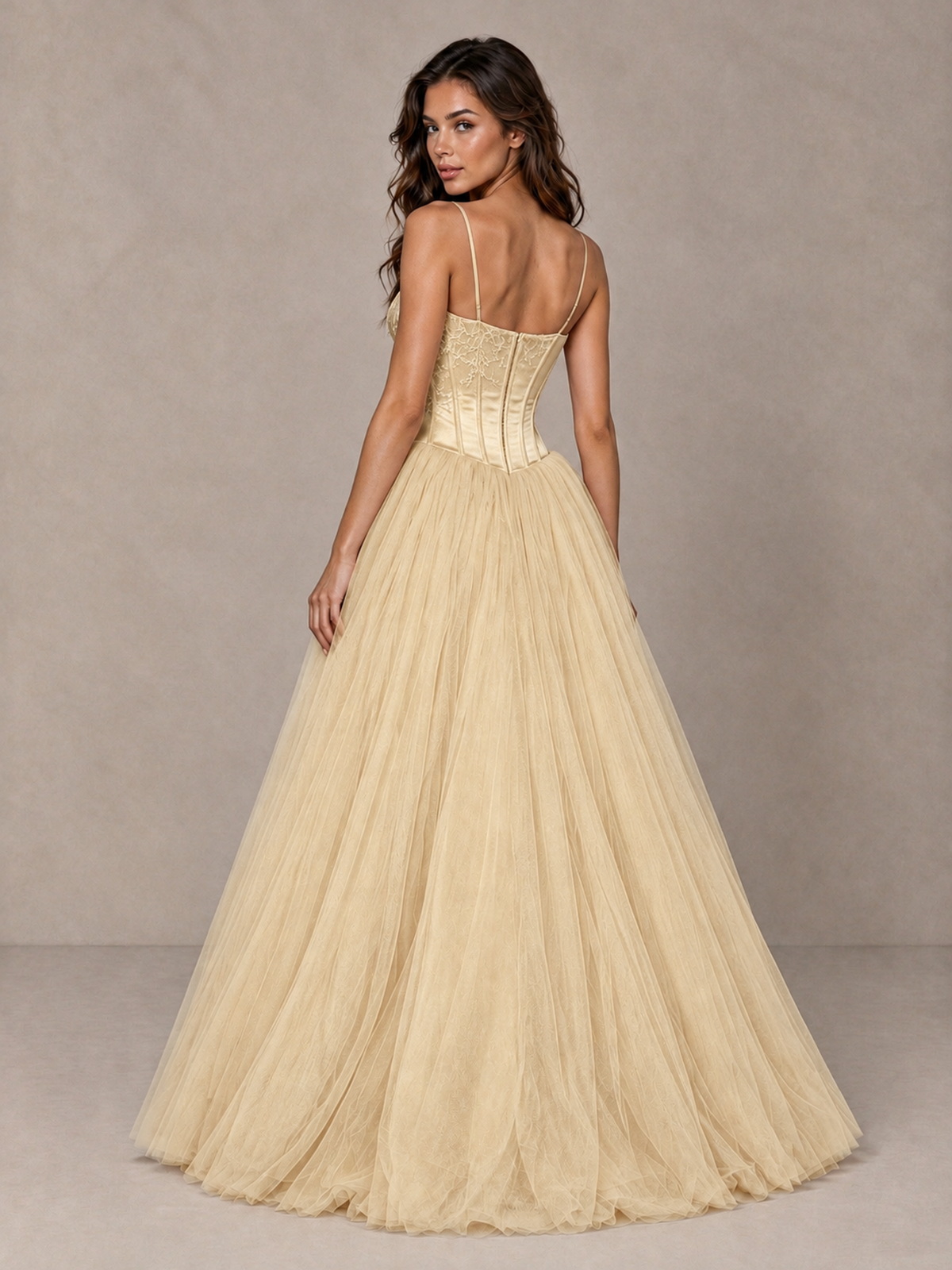 BOLODOO Champagne Corset Tulle Prom Dress with Spaghetti Straps - Champagne - Champagne_2
