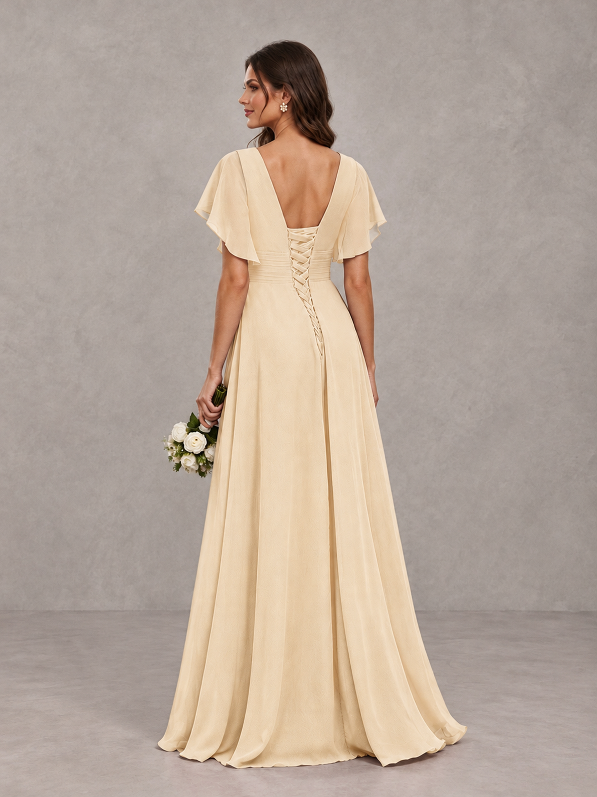 BOLODOO Champagne Flutter Sleeve V-Neck Bridesmaid Dress with Ruffle Slit - Champagne - Champagne_2