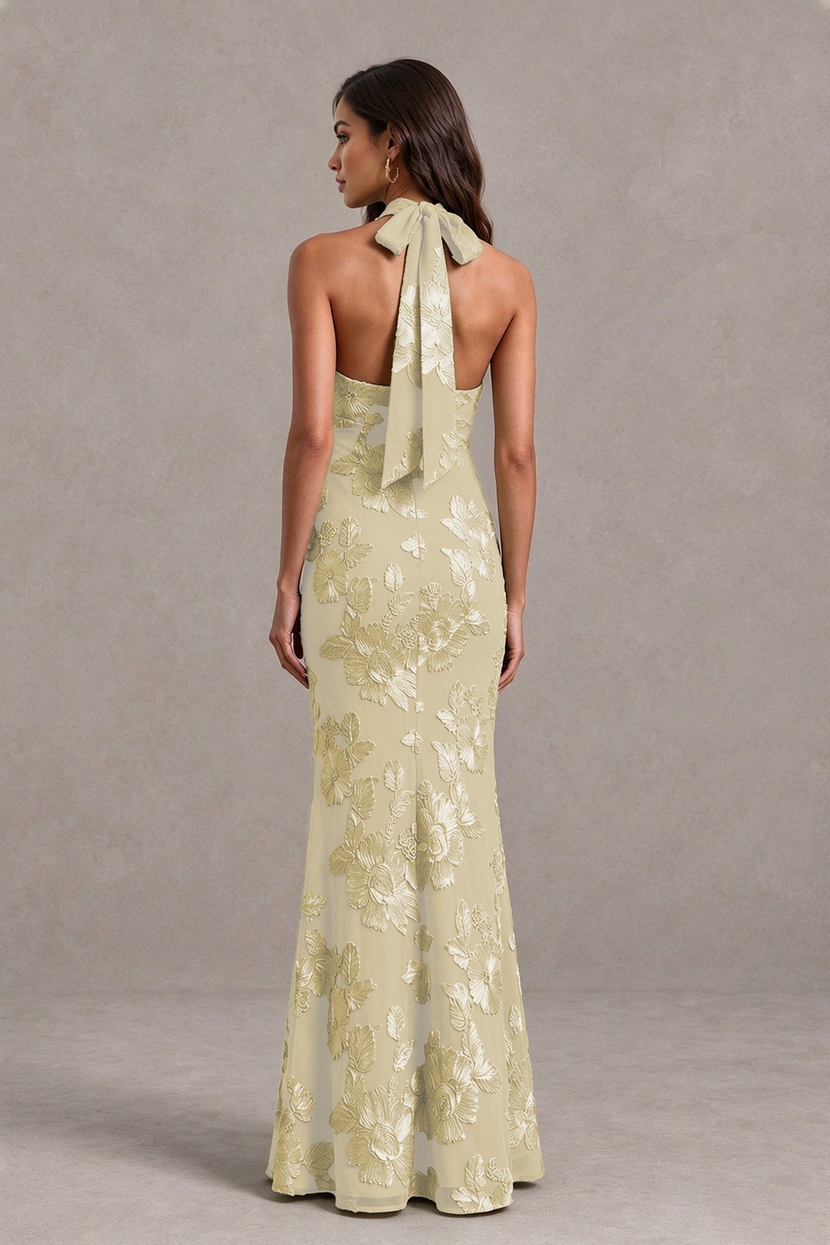 BOLODOO Champagne Floral Jacquard Halter Maxi Dress - Champagne - Champagne(2)