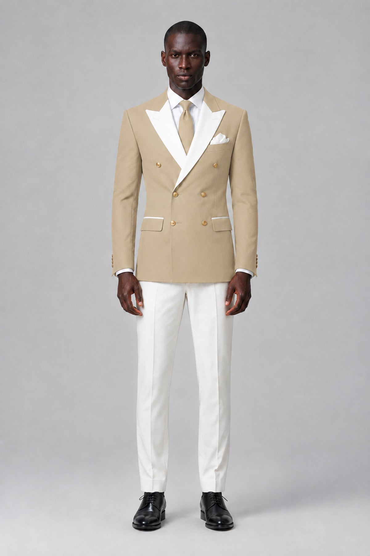 BOLODOO Men's Champagne Double-Breasted Blazer & Cream Trousers Tuxeto 2-Piece Suit Set - Champagne - Champagne_2