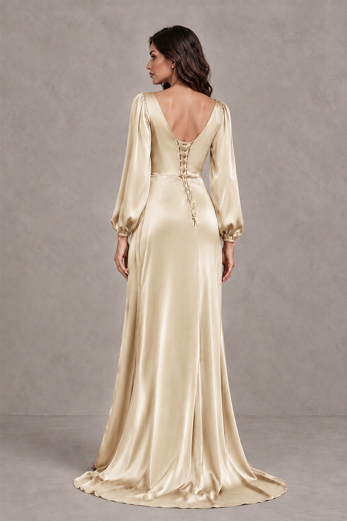 BOLODOO Champagne Satin-Look Long Sleeve Evening Dress with High Slit - Champagne - Champagne_2