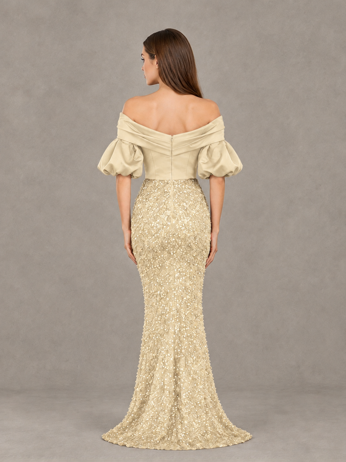 BOLODOO Champagne Off-Shoulder Puff Sleeve Sequin Mermaid Evening Dress - Champagne - Champagne_2