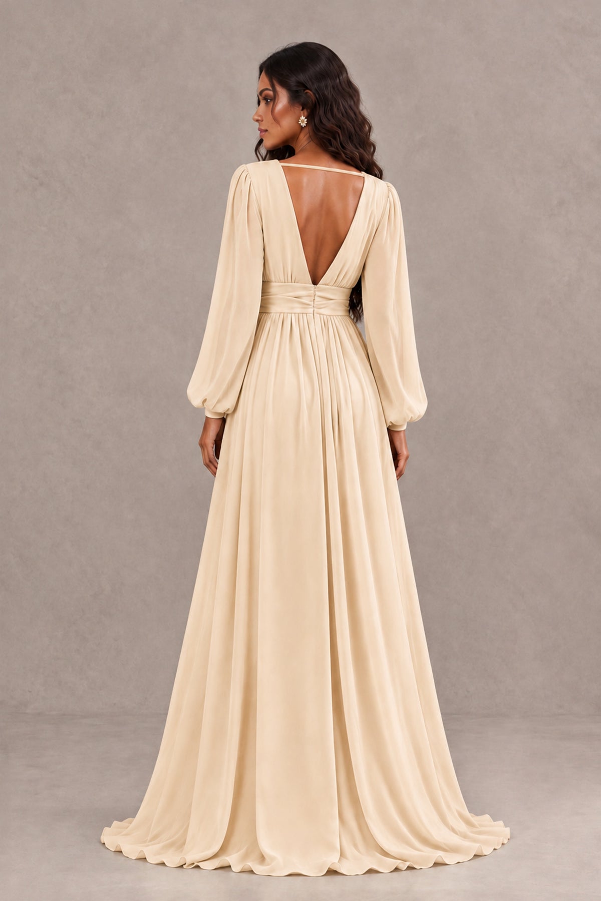 BOLODOO Champagne Long Sleeve V-Neck A-Line Gown with Open Back & Slit - Champagne - Champagne_2