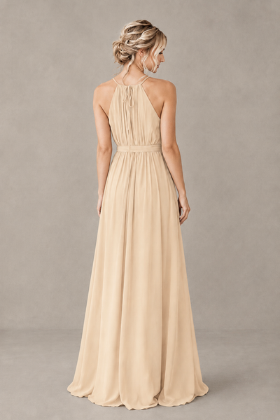 BOLODOO Champagne Halter Chiffon Bridesmaid Dress with High Slit - Champagne