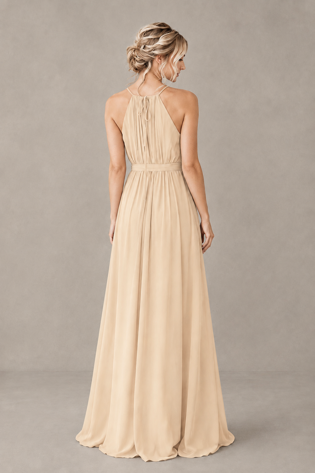 BOLODOO Champagne Halter Chiffon Bridesmaid Dress with High Slit - Champagne