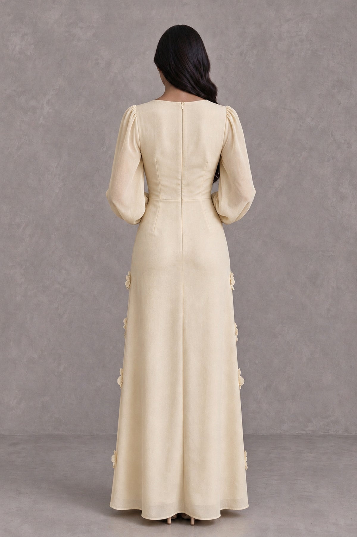 BOLODOO Champagne Long Sleeve Floral Applique A-Line Evening Dress - Champagne - Champagne_2