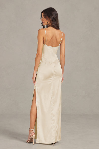 BOLODOO Champagne Satin Cowl Neck Open Back Mermaid Maxi Dress with Side Slit - Champagne