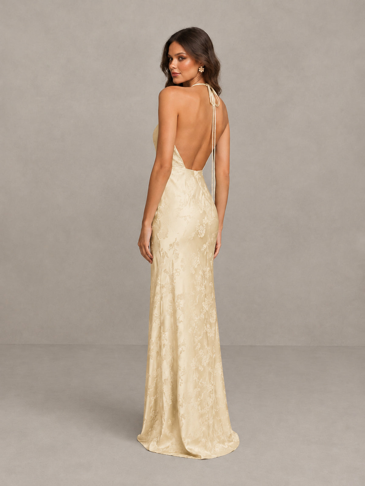 BOLODOO Champagne Floral Satin Open-Back Bridesmaid Dress - Champagne - Champagne_2