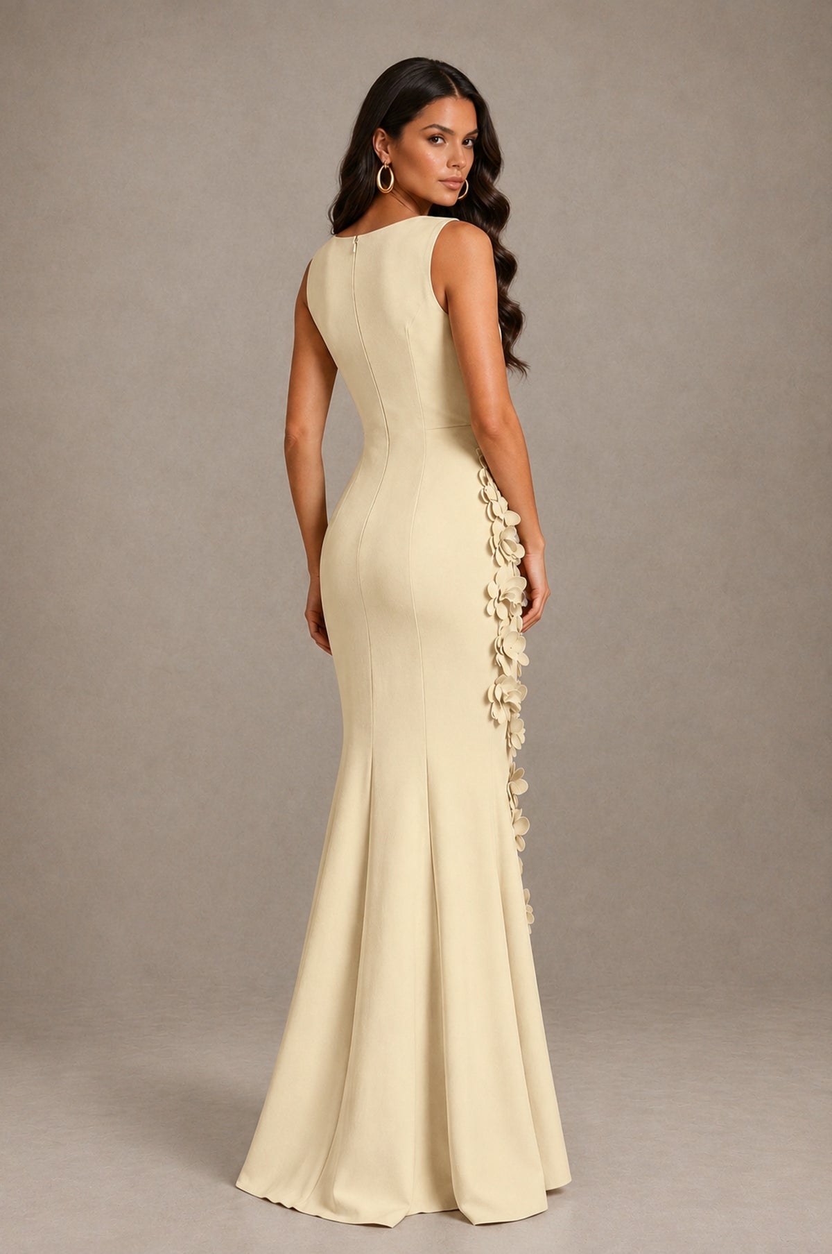 BOLODOO Champagne Bateau Neck Sleeveless Asymmetric Peplum 3D Petal Appliqué Mermaid Gown BD0421 - Champagne - Champagne_2