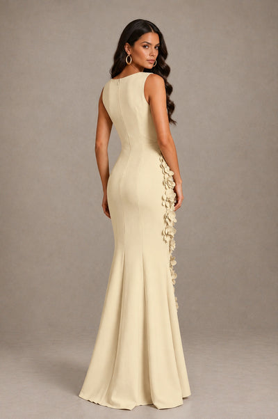 BOLODOO Champagne Bateau Neck Sleeveless Asymmetric Peplum 3D Petal Appliqué Mermaid Gown BD0421 - Champagne - Champagne_2