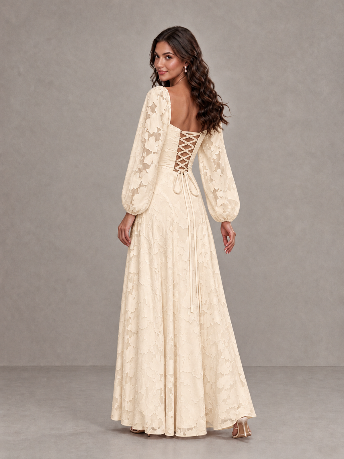 BOLODOO Champagne Floral Long Sleeve A-Line Bridesmaid Dress - Champagne - Champagne_2
