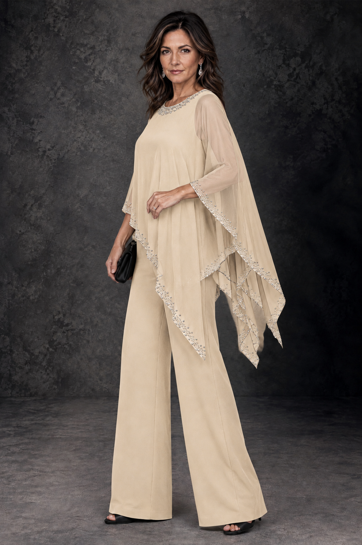 BOLODOO Champagne Embellished Cape Mother of the Bride Pantsuit - Champagne - Champagne_2