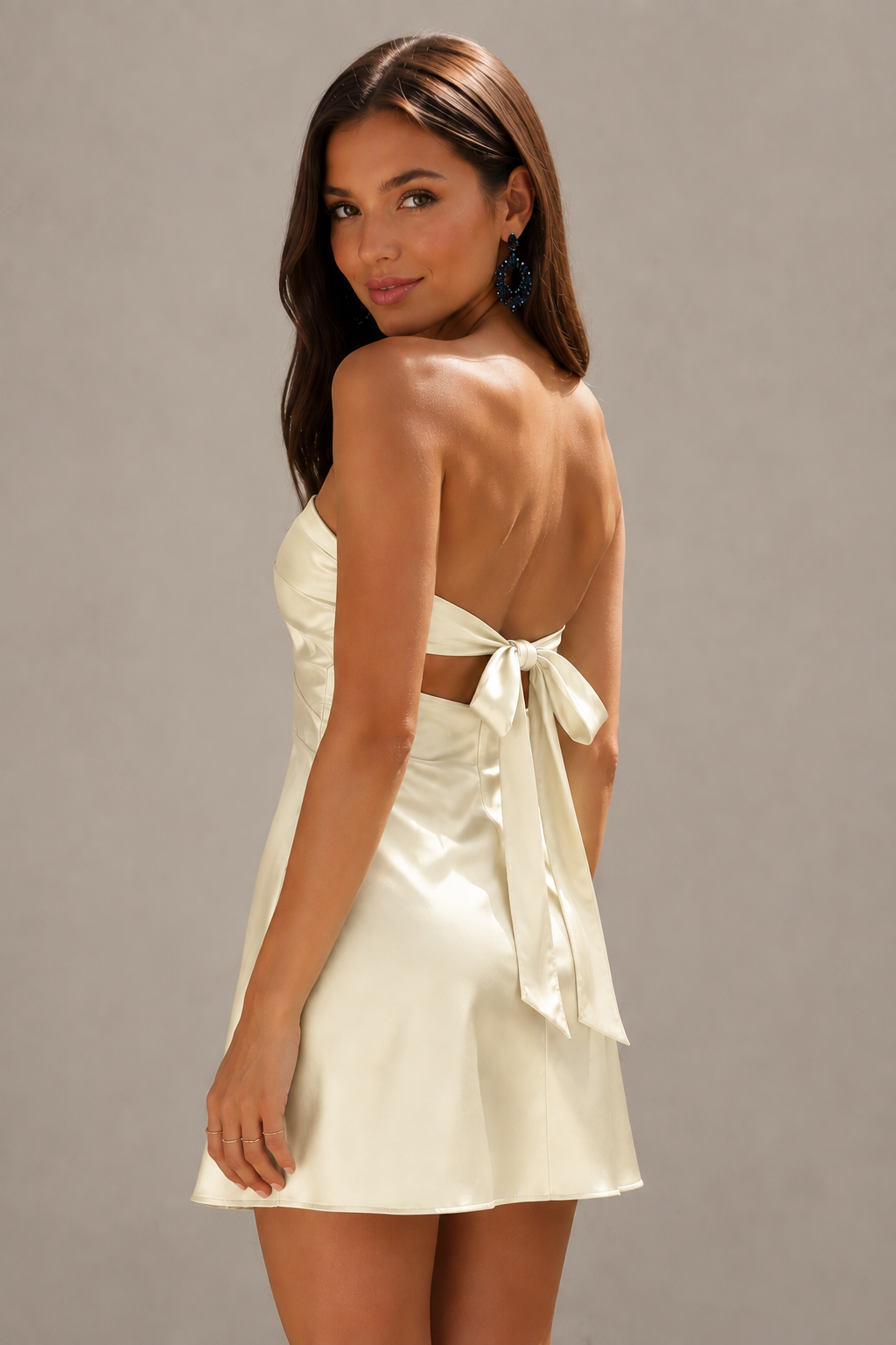 BOLODOO Mint Champagne Satin Strapless Twist Cutout Mini Dress with Bow-Tie Open Back - Champagne