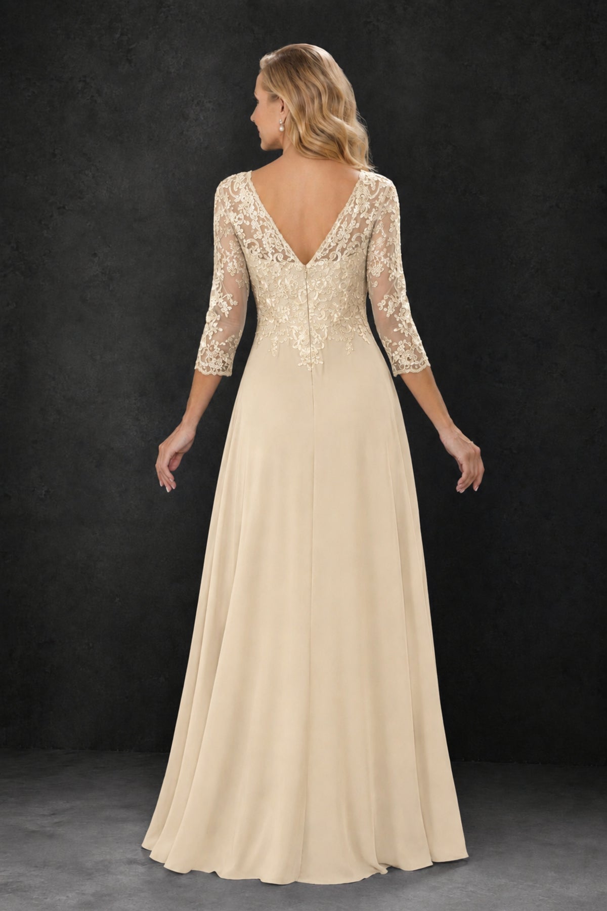 BOLODOO Champagne Lace Embroidered Mother of the Bride Dress with 3/4 Sleeves - Champagne