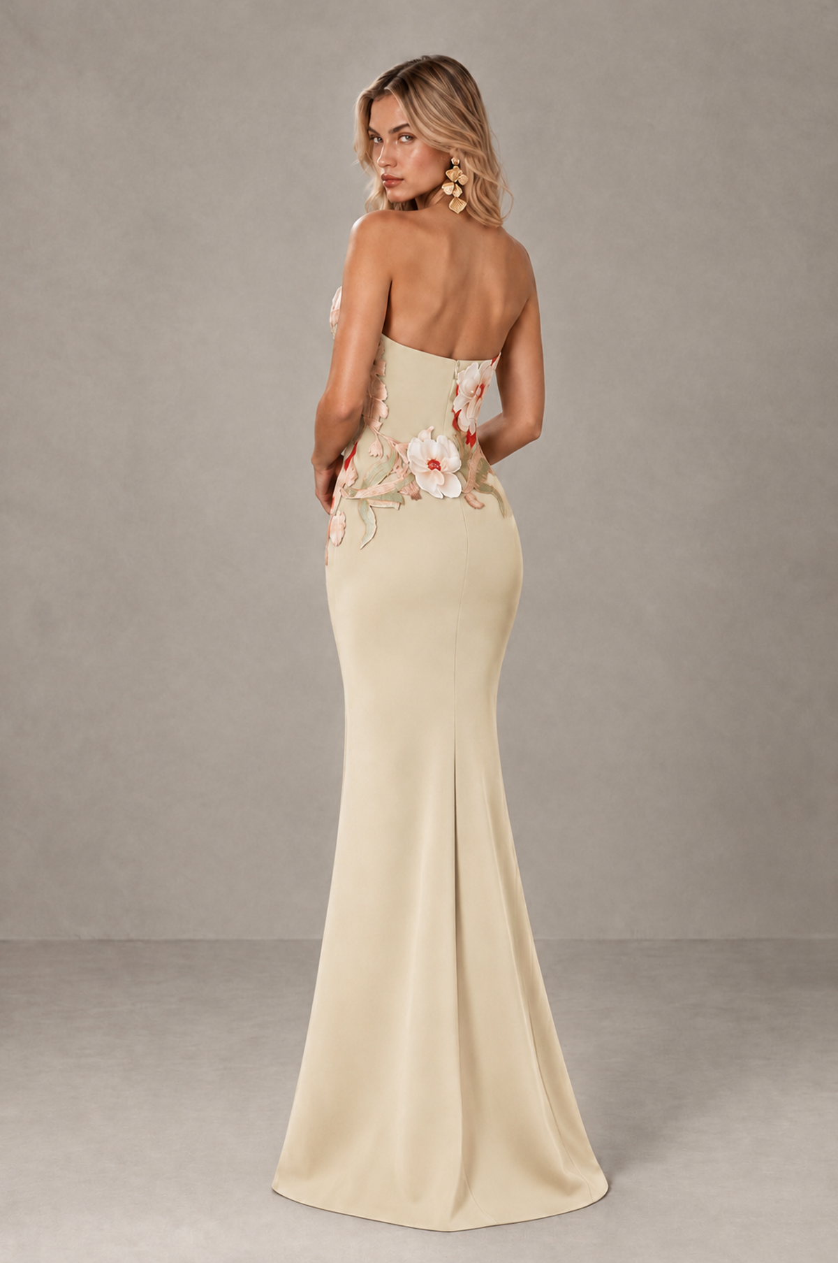 BOLODOO Champagne Strapless Floral Mermaid Evening Dress with Slit - Champagne - Champagne_2