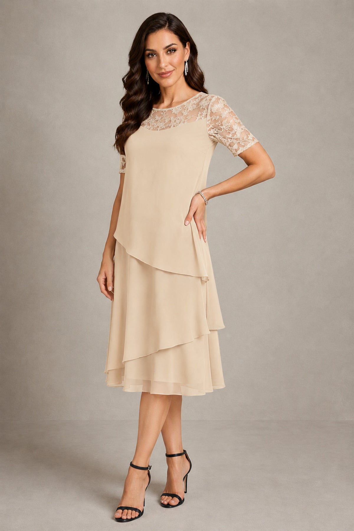 BOLODOO Champagne Illusion Lace Short Sleeve Tiered Chiffon Tea Length Dress | Mother of the Bride Midi Dress - Champagne