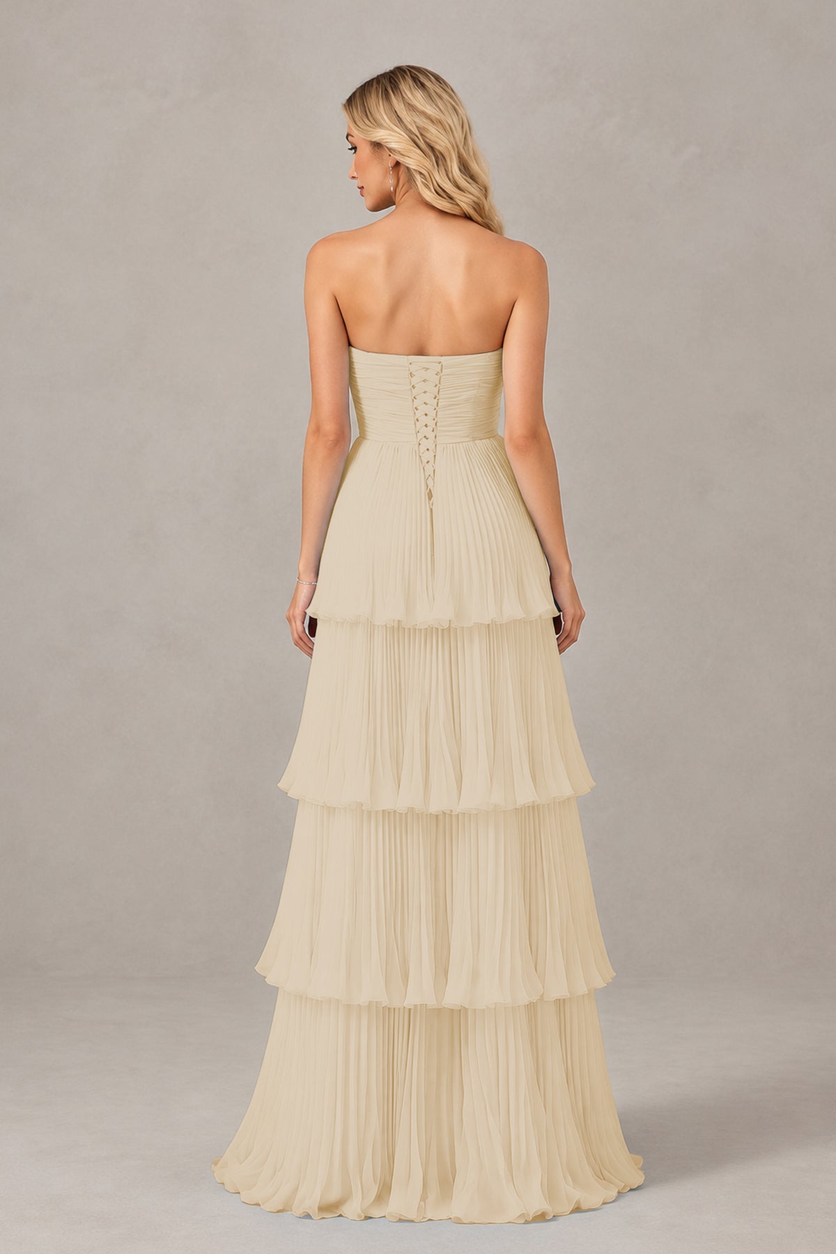 BOLODOO Champagne Strapless Tiered Chiffon Maxi Dress - Champagne