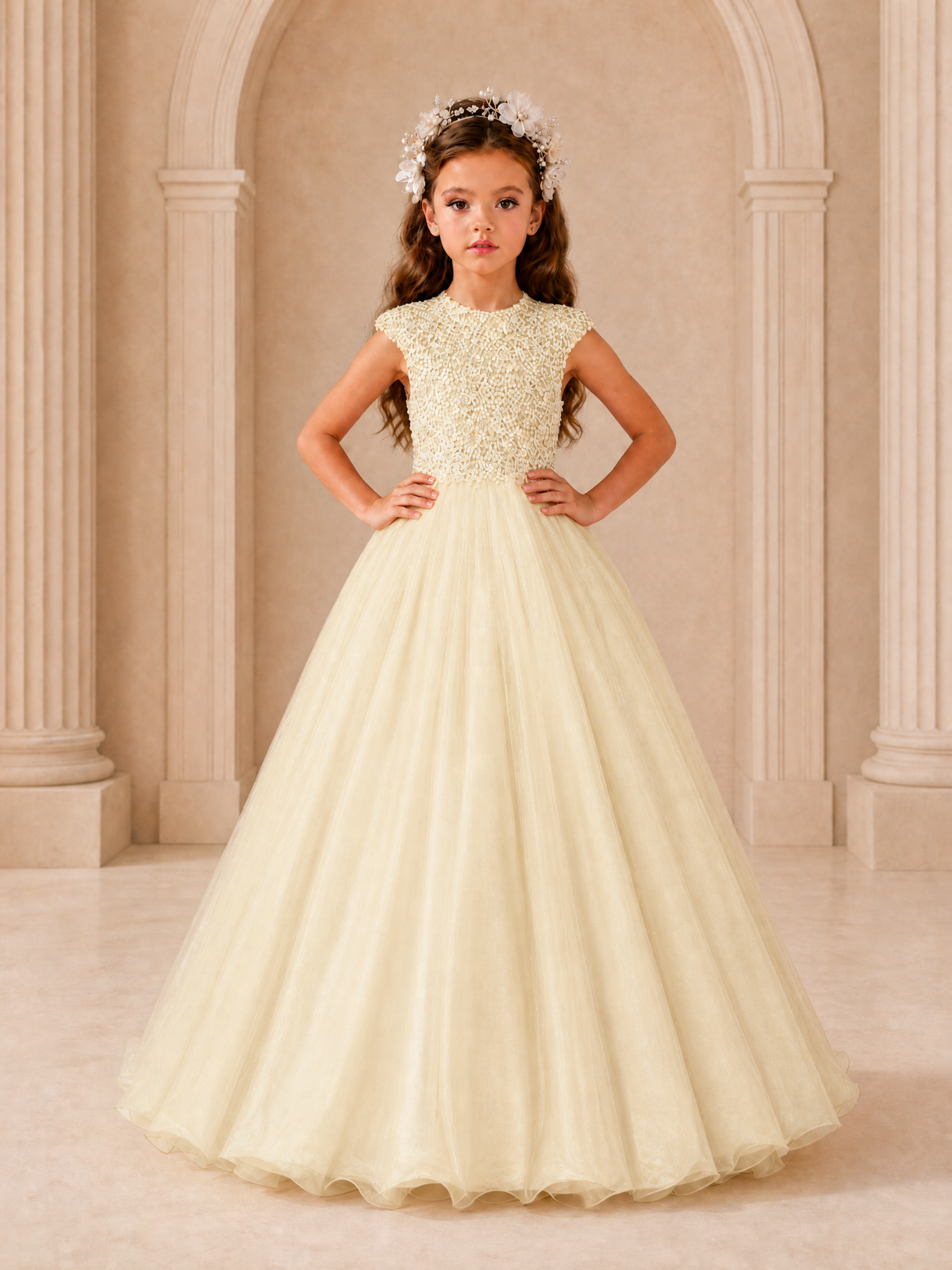 BOLODOO Champagne Sequin Tulle Flower Girl Dress with Cap Sleeves - Champagne - Champagne_3