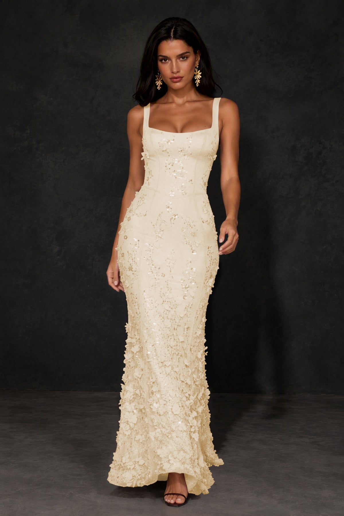BOLODOO Champagne Sequin 3D Floral Mermaid Maxi Gown – Lace-Up Back Formal Dress - Champagne