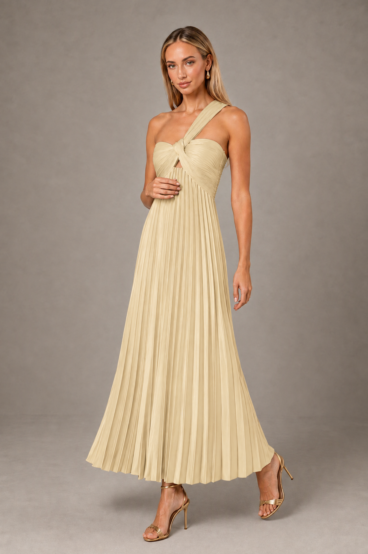 BOLODOO Champagne One-Shoulder Twist Knot Pleated Satin Midi Dress with Cutout - Champagne - Champagne_3