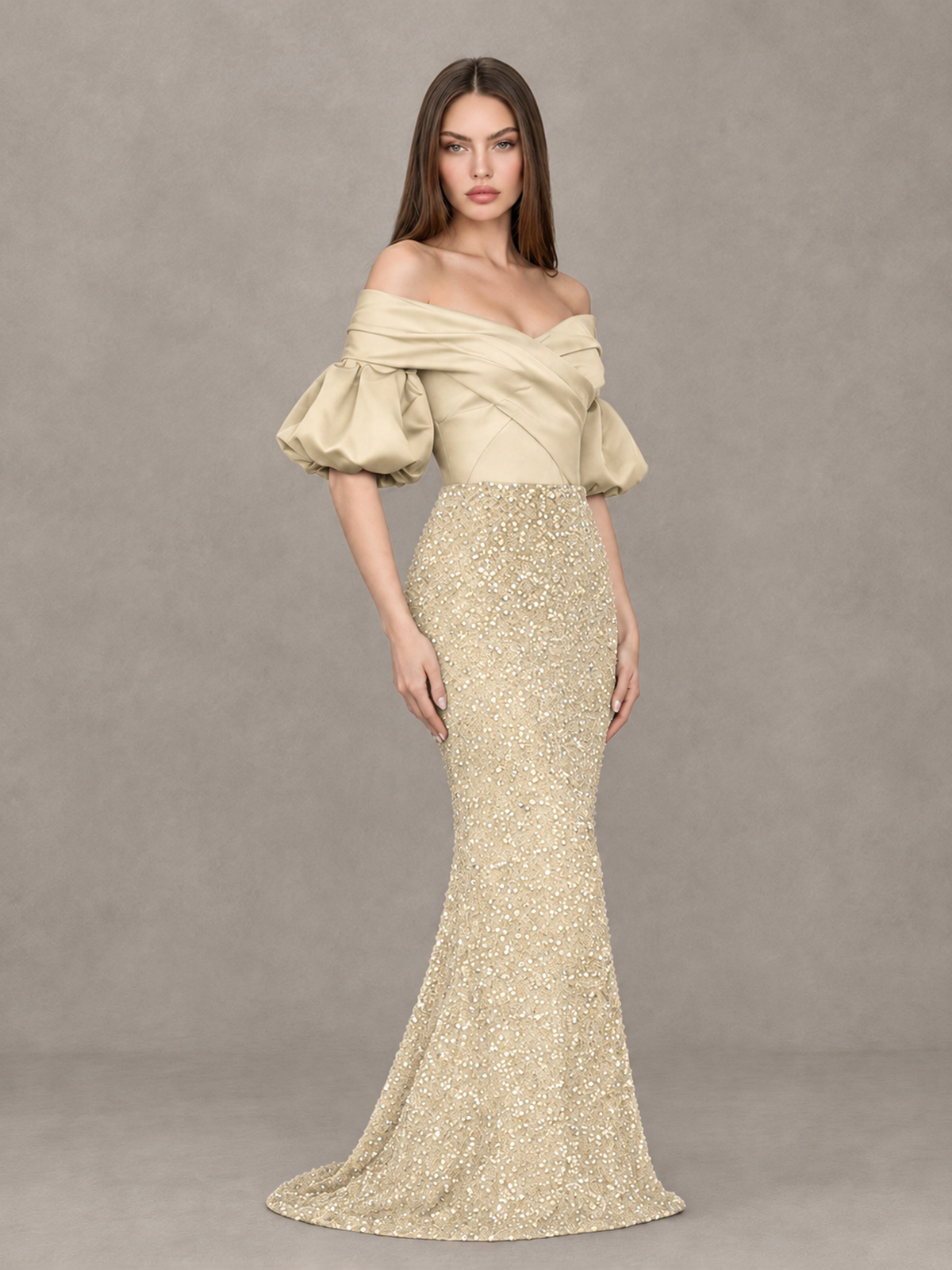 BOLODOO Champagne Off-Shoulder Puff Sleeve Sequin Mermaid Evening Dress - Champagne - Champagne_3