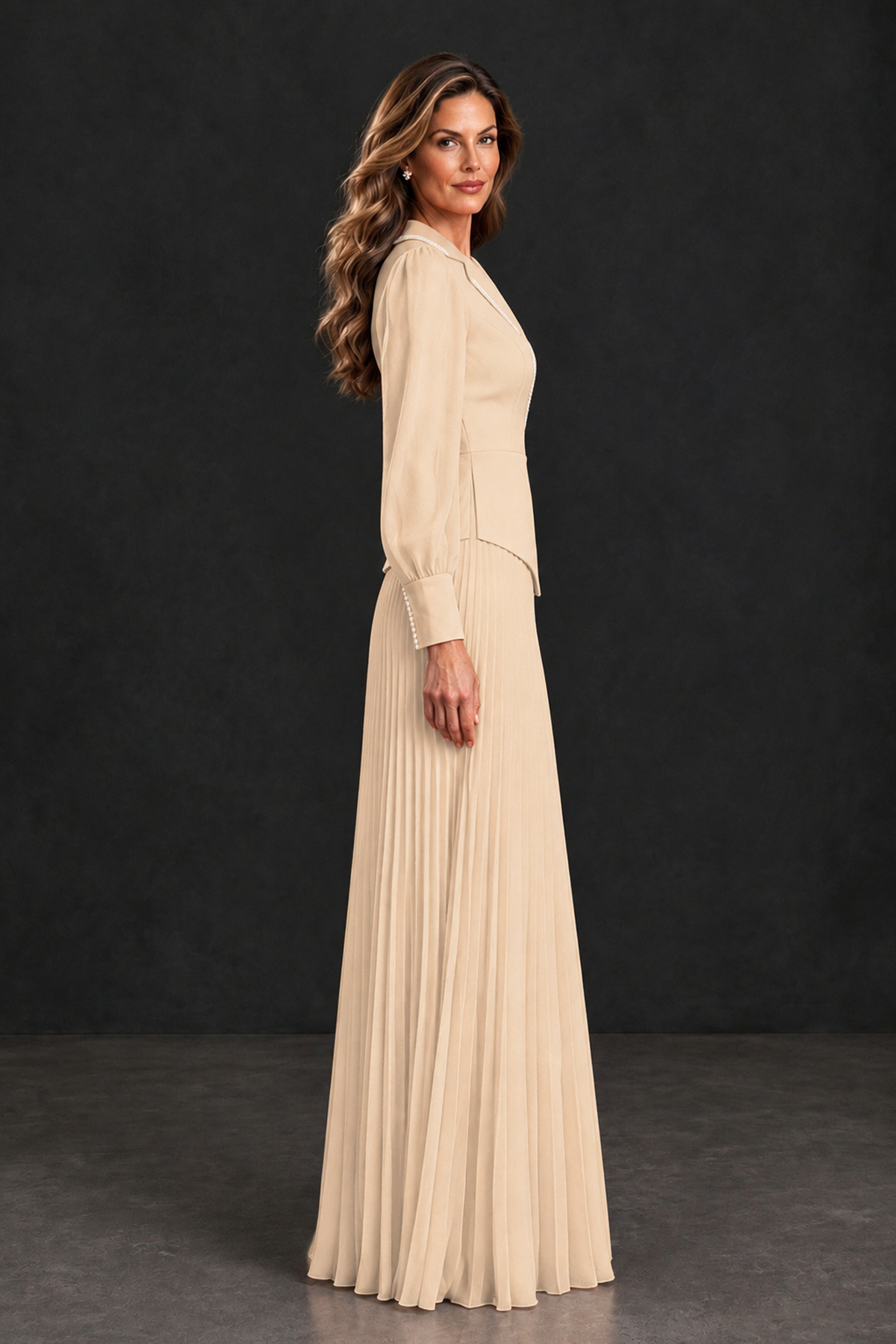 BOLODOO Champagne Long Sleeve Pleated Mother of the Bride Dress - Champagne - Champagne_3