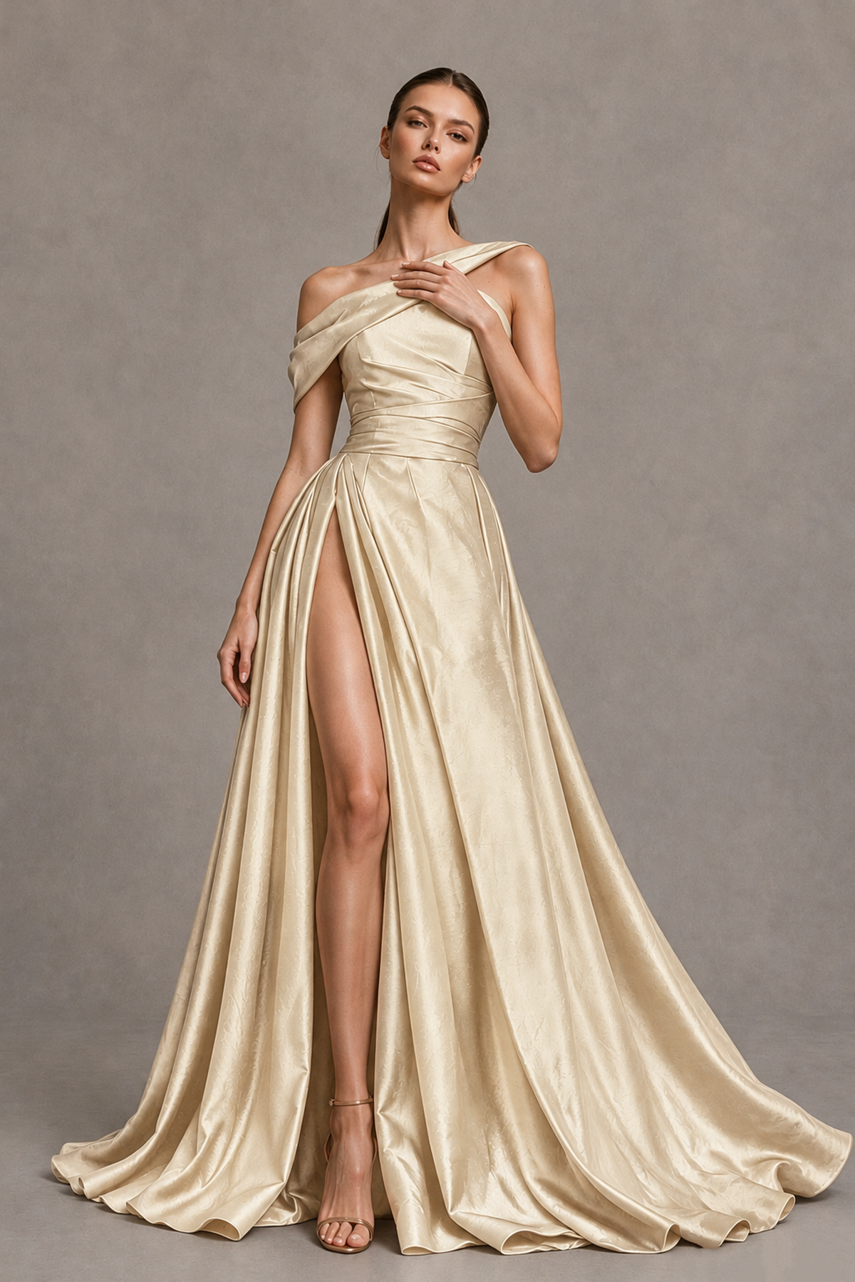 BOLODOO Champagne Asymmetric Satin-Look A-Line Prom Dress with High Slit - Champagne - Champagne_3