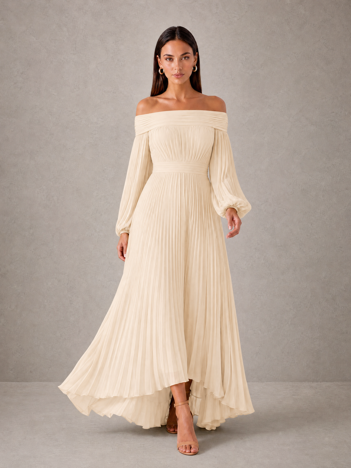 BOLODOO Champagne Off-Shoulder Long Sleeve Pleated High-Low Dress - Champagne - Champagne_3