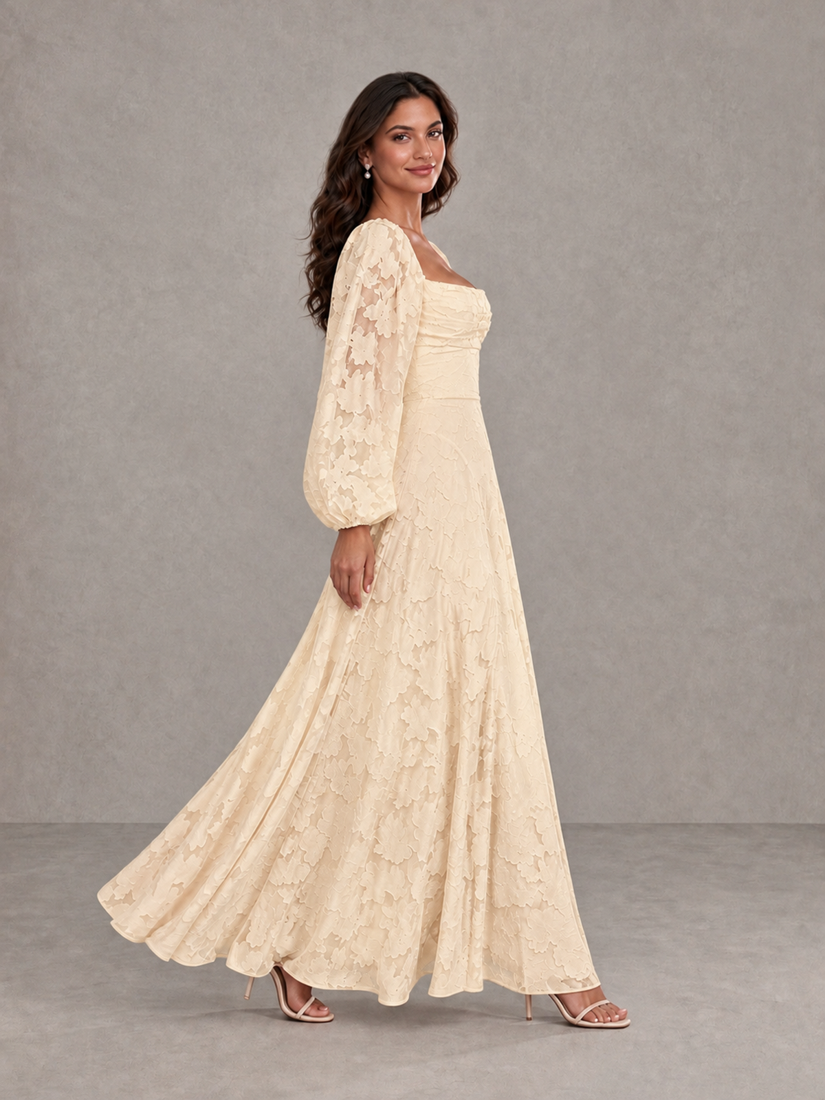 BOLODOO Champagne Floral Long Sleeve A-Line Bridesmaid Dress - Champagne - Champagne_3