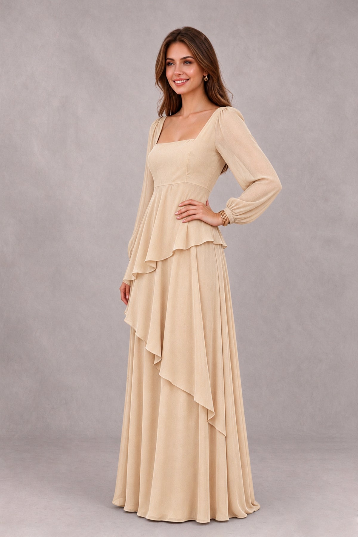 BOLODOO Champagne Long Sleeve Ruffle Bridesmaid Dresses - Champagne - Champagne_3