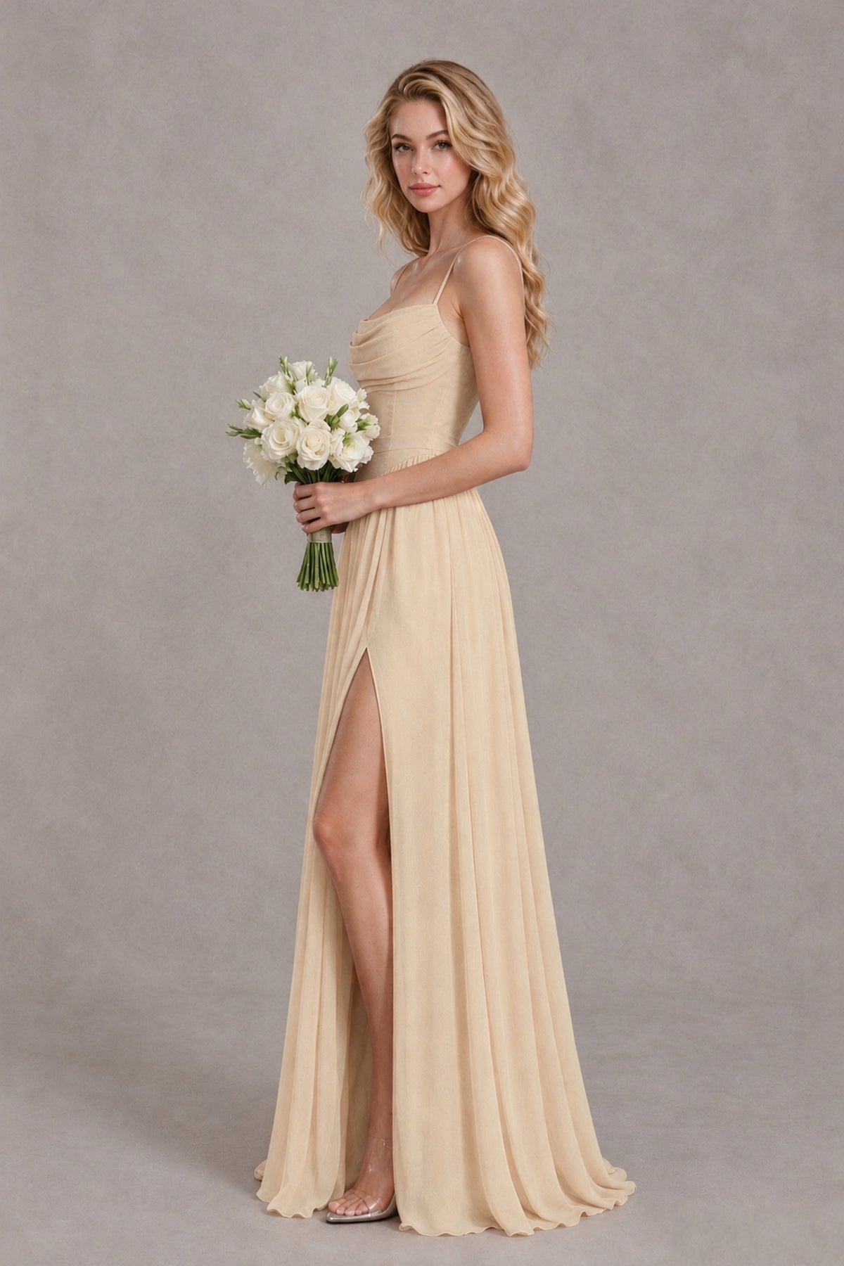 BOLODOO Champagne Spaghetti Strap A-Line Bridesmaid Dress with Slit - Champagne - Champagne_3